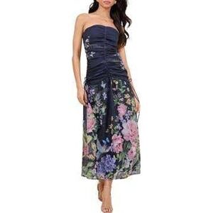 Lipsy London NEW Blue Floral Strapless Ruched Dress SZ 8 Wedding Garden Party